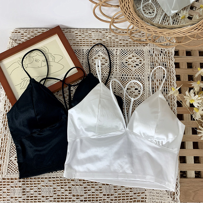 网红小心机挂脖绸缎裹胸内衣女v领打底外穿吊带小背心带胸垫抹胸