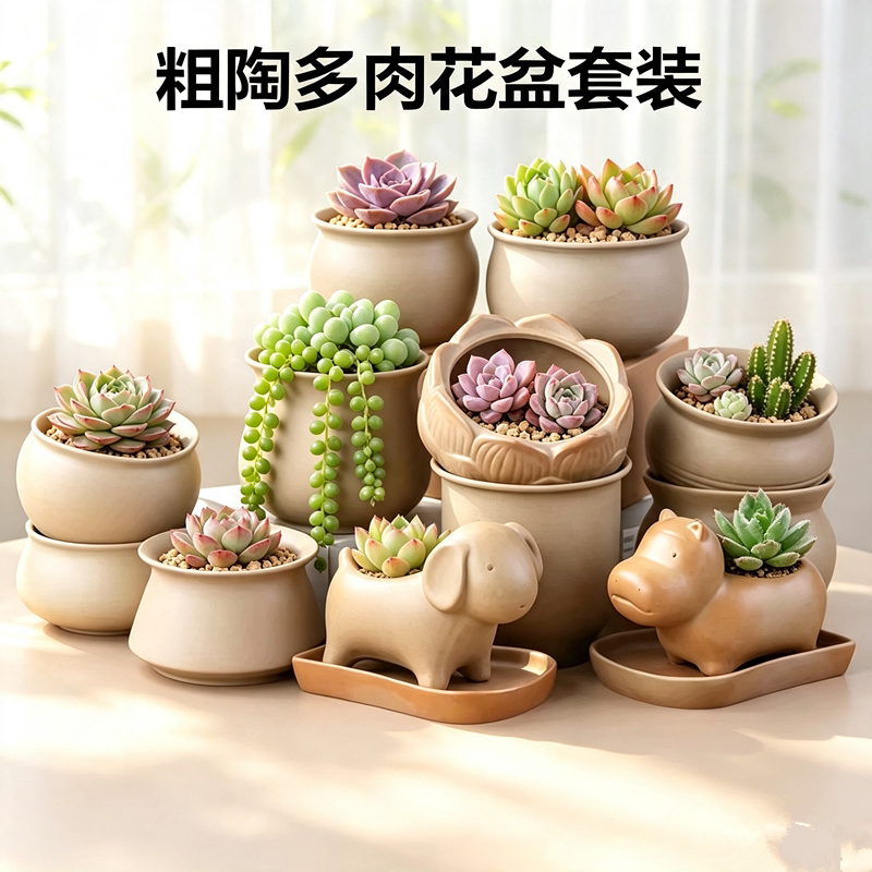 粗陶原土烧多肉陶瓷花盆简约手绘