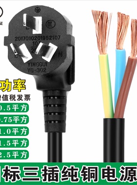 电源线纯铜国标插头带线3芯0.75 1 1.5 2.5平方10/16A三孔大功率