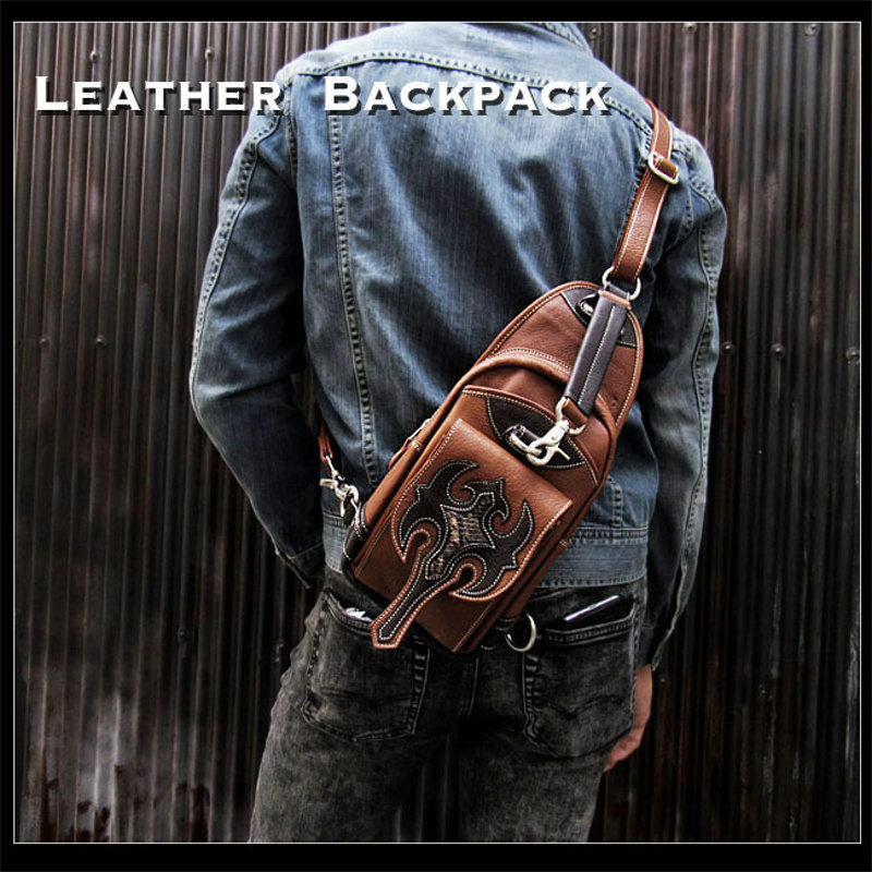 日本进口哈雷凯旋机车朋克复古 棕色手工手机胸包摩托车牛皮背包