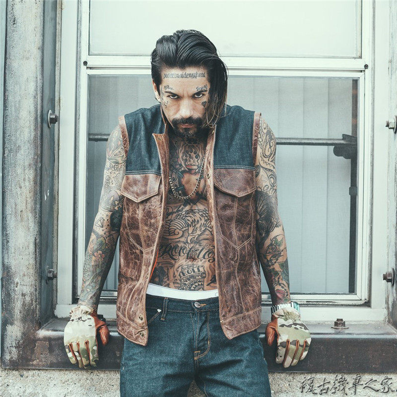 美国制造 Grifter野牛皮拼接复古单宁机车哈雷马甲摩托车背心特价