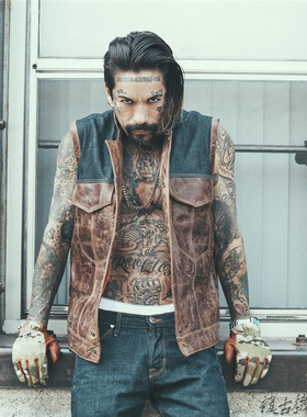 美国制造 Grifter野牛皮拼接复古单宁机车哈雷马甲摩托车背心特价