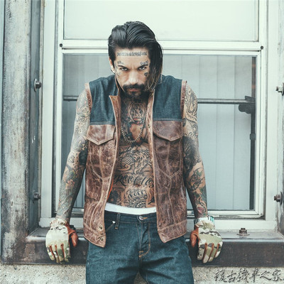 美国制造 Grifter野牛皮拼接复古单宁机车哈雷马甲摩托车背心特价