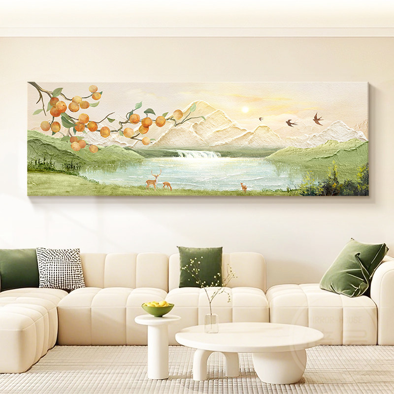日照金山客厅装饰画原木奶油风聚宝盆山水沙发背景墙挂画柿柿如意
