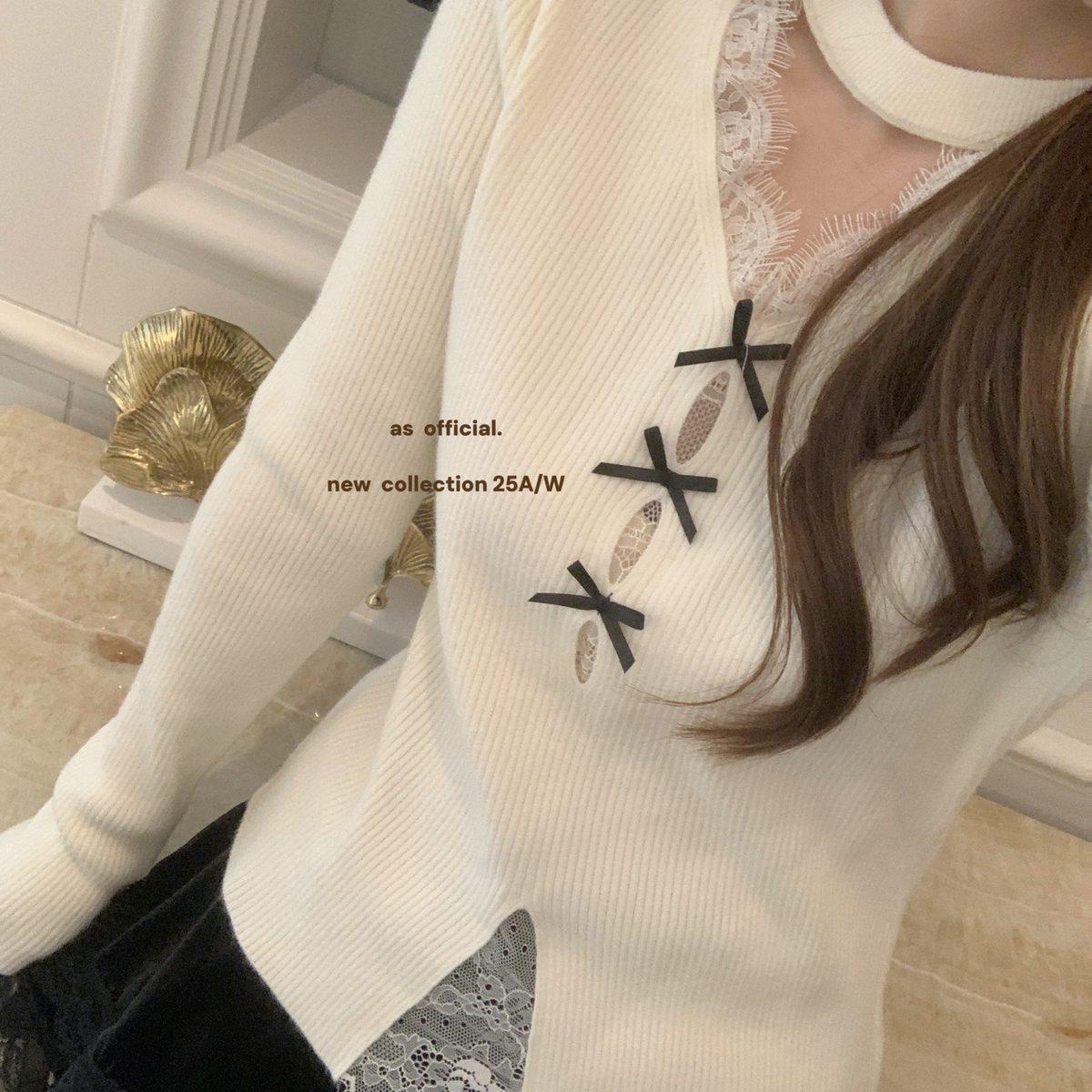 氛围轻法式蕾丝蝴蝶结拼接打底针织衫15161