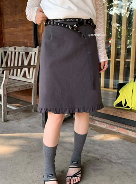 木耳边下摆中腰显瘦显高简约半身裙(配皮带)A10038#
