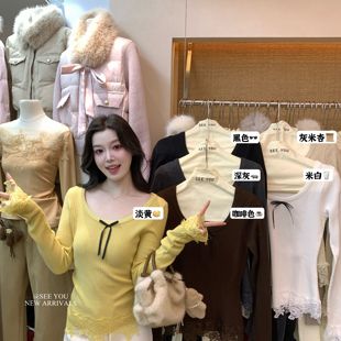 C296LC296 小衫 冬季 气质温柔百搭蝴蝶结蕾丝花边针织衫