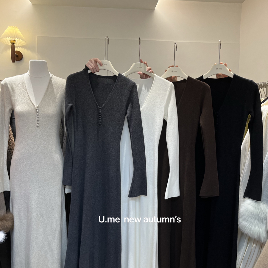 上新纯色百搭V领修身显瘦长袖连衣裙H128