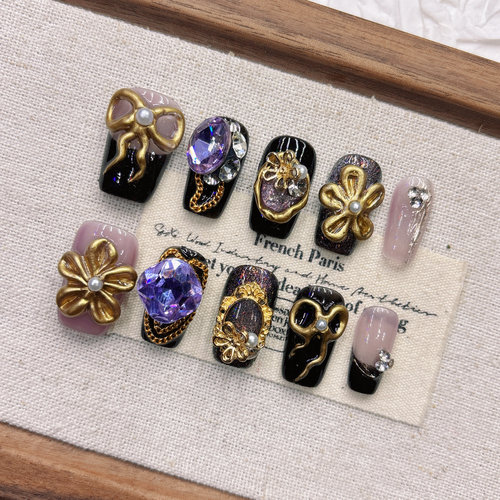 复古纯手工紫色蝴蝶结穿戴甲