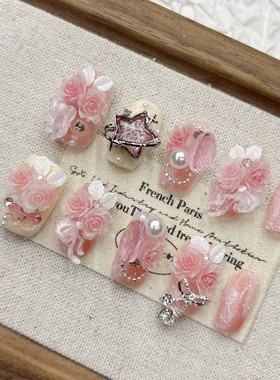粉色樱花日常纯手工穿戴甲高级感美甲2026新年短梯方款女士杏仁款