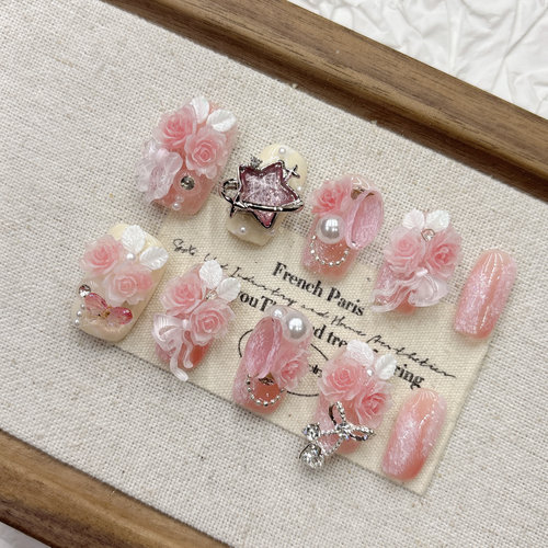 粉色樱花纯手工短梯方穿戴甲光疗