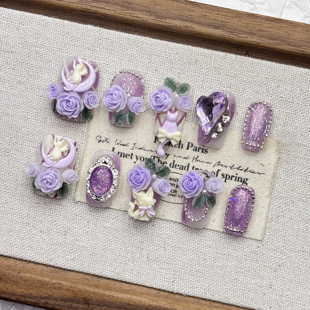 紫色开心乐园猫眼纯手工穿戴甲可爱卡通美甲2025新年短方圆中杏仁