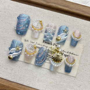 纯手工穿戴甲蓝色海洋人鱼尾美甲2025新年短梯形中方圆女士杏仁款