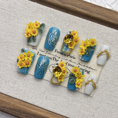 黄色立体小花向日葵纯手工穿戴甲短款可爱椭圆杏仁款夏天日常佩戴