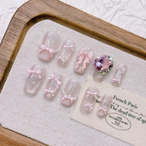 粉色猫眼纯手工穿戴甲精品显白美甲短梯款2025年新品蝴蝶结杏仁甲