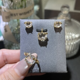 天然白水晶戒指耳钉吊坠套装S925银镶嵌可爱KT猫小众百搭礼物饰品