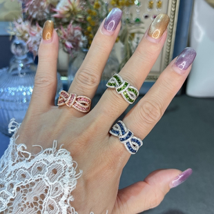 天然粉碧玺蓝宝石透辉石戒指女s925纯银镶嵌绿色结精致轻奢感饰品