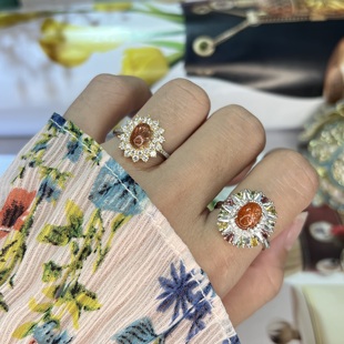 天然金太阳石戒指女款S925银镶嵌精致时尚简约风格送女友礼物饰品