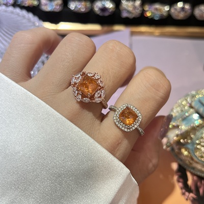 孤品天然芬达石戒指女S925纯银镶嵌糖塔橘子汽水色轻奢礼物饰品