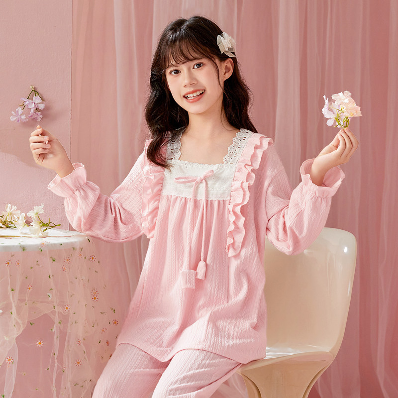 儿童睡衣女孩长袖纯色花边纯棉
