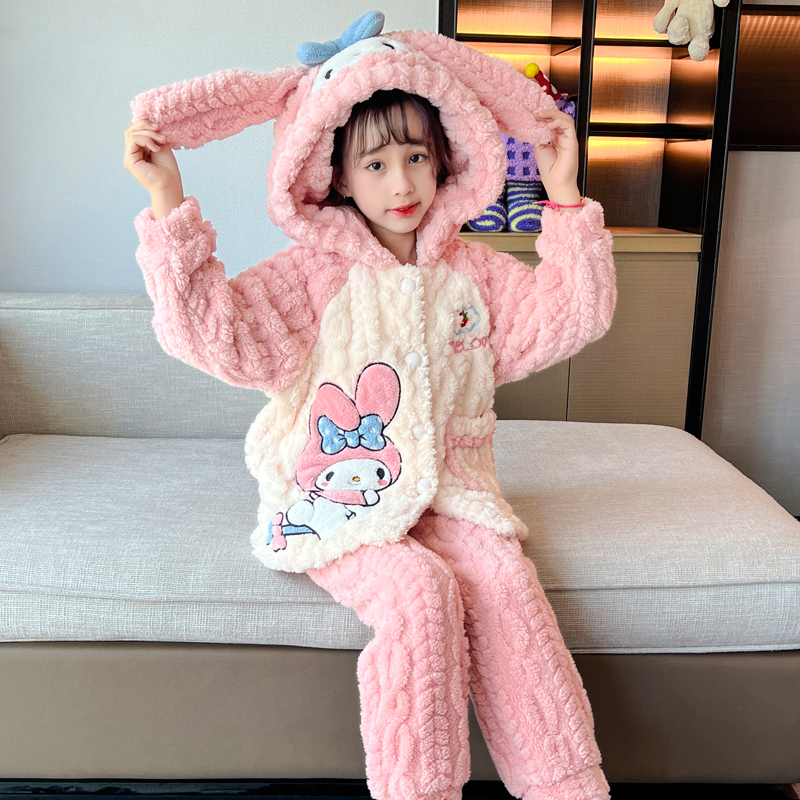 美乐蒂儿童睡衣女孩秋冬季法兰绒加厚款男女童宝宝毛绒家居服连帽