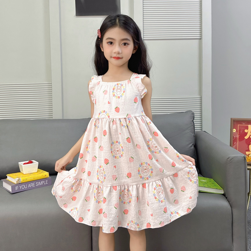 女童睡裙无袖可爱草莓兔2025夏季薄款云朵棉小女孩宝宝背心家居裙