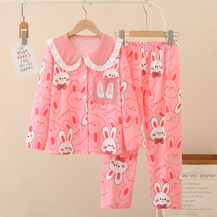 儿童睡衣女孩可爱小白兔2025春秋季长袖娃娃领女大童宝宝保暖套装