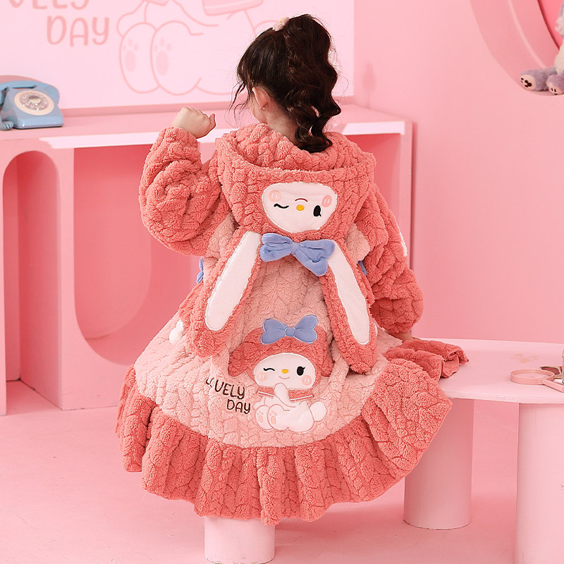 女童睡衣高端法兰绒可爱美乐蒂秋冬天长款睡袍小女孩珊瑚绒家居服
