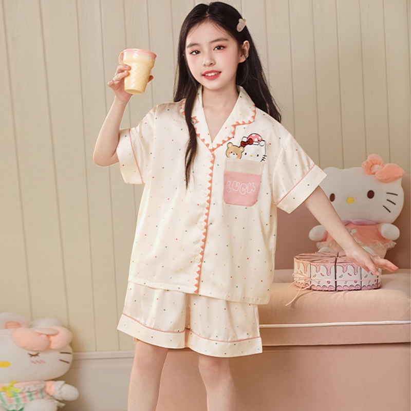 儿童睡衣女款夏短袖高端冰丝薄款