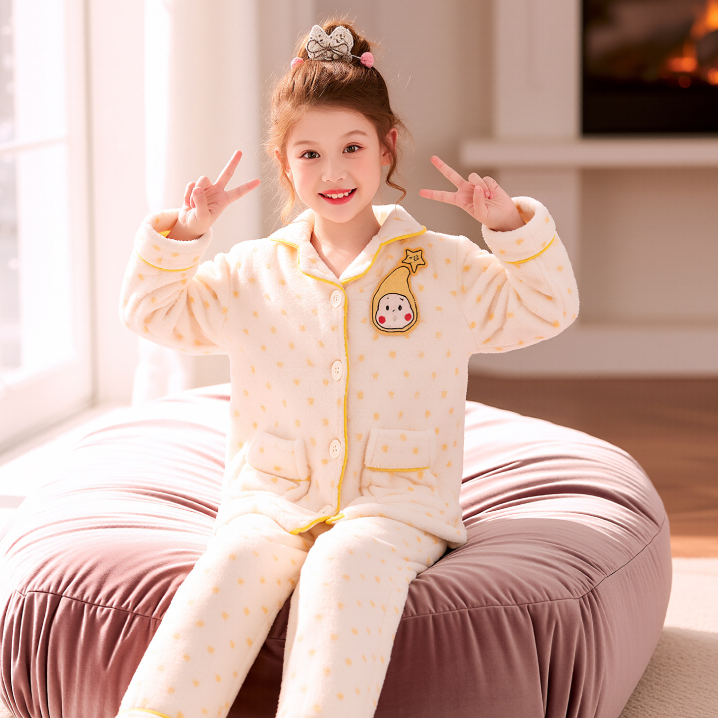 星星人睡衣儿童女孩秋冬天高端珊瑚绒保暖母女装法兰绒家居服套装