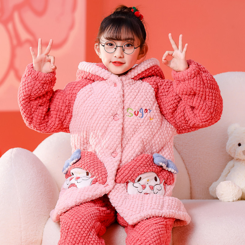 2026冬天女童睡衣三层夹棉加厚加绒女大童宝宝保暖毛绒家居服套装