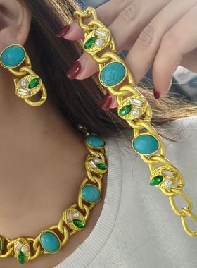 中古风vintage天然石项链夸张大气场复古手链绿松石铜镀真金耳环