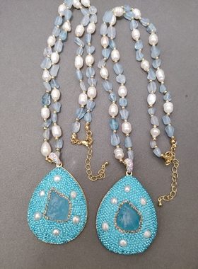 海蓝宝原石搭配捷克钻天然巴洛克珍珠毛衣链时尚潮流vintage项链