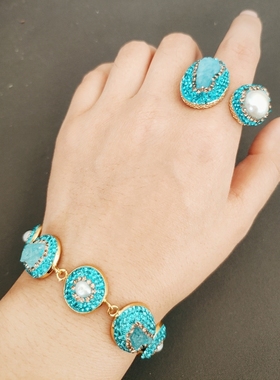 海蓝宝珍珠气质手链戒指轻奢小众精致显白女款2023年新款可调节