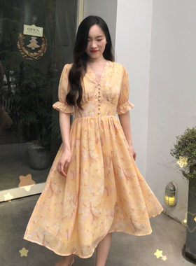 【闭店清仓】黄色印花连衣裙女2022夏宫廷风泡泡袖收腰雪纺度假裙