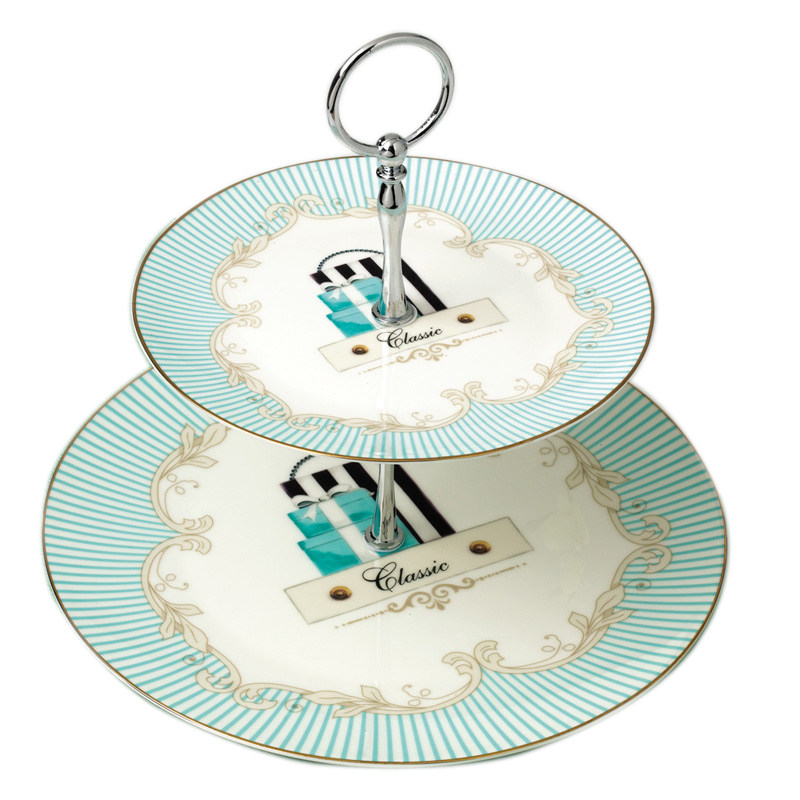 欧式下午茶点心架客厅摆件蓝色陶瓷干果托盘高档轻奢双层水果盘