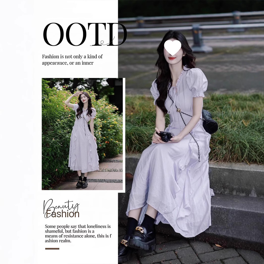 法式桔梗泡泡袖紫色连衣裙女2025夏季新款荷叶边气质显瘦绝美长裙