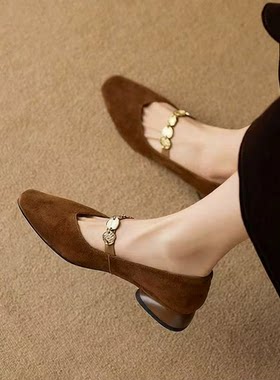 复古方头金币链玛丽珍鞋女秋冬新