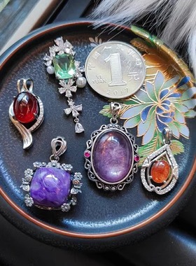 通体925银天然水晶玉石吊坠复古