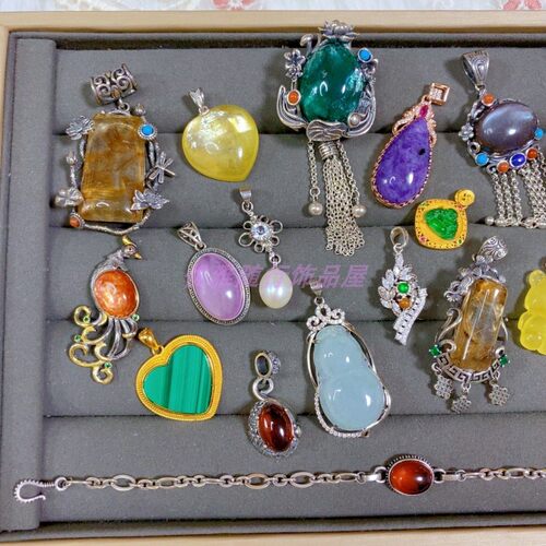 S925水晶吊坠发晶孔雀石等吊坠