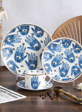 创意描金眼睛盘掌印盘家用陶瓷西餐盘甜品盘平盘早餐盘装饰摆盘