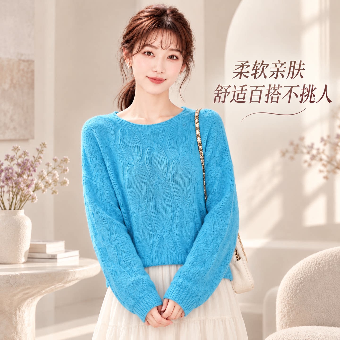 蓝色麻花圆领针织衫女长袖套头毛衣女秋冬软糯亲肤保暖外搭上衣女