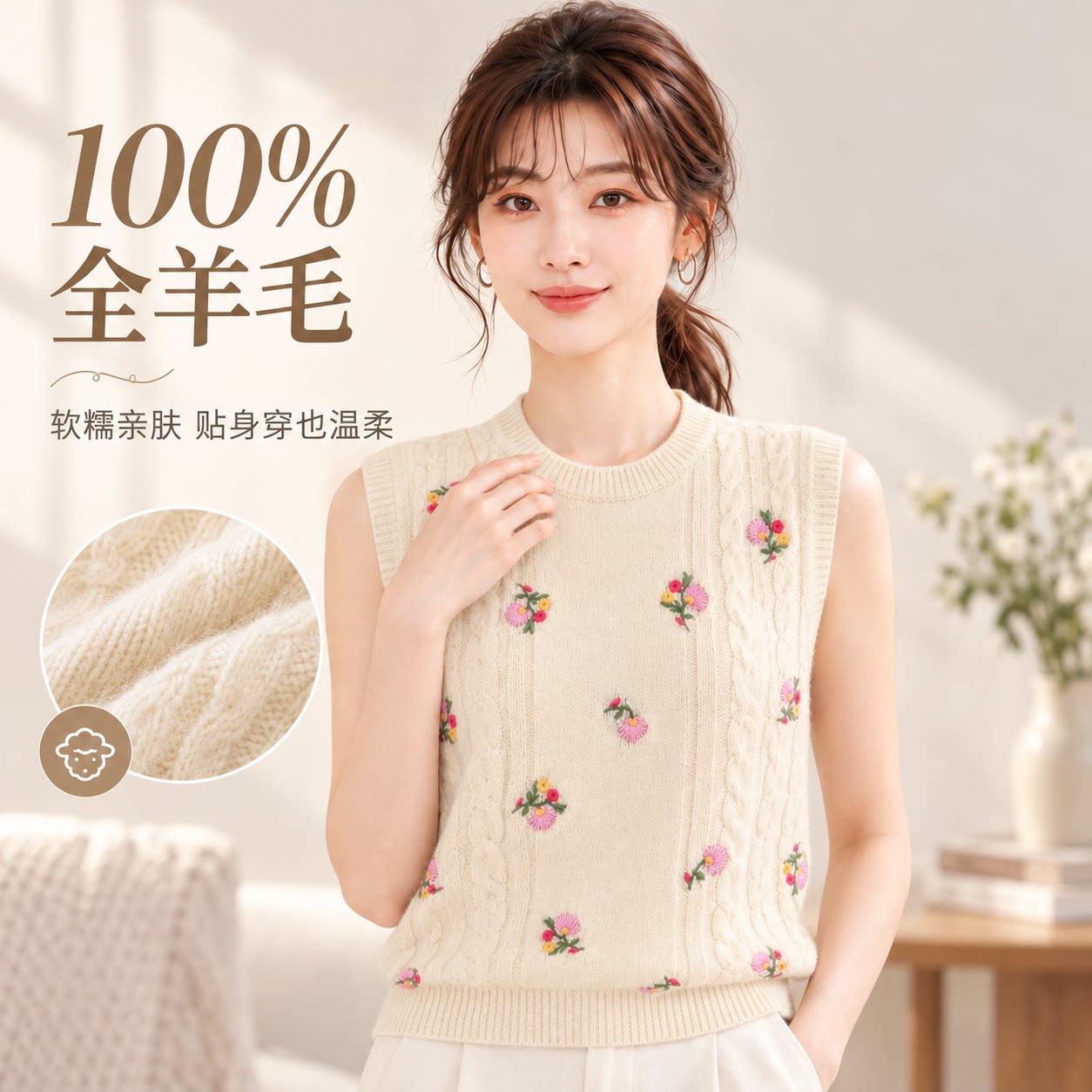 新款全羊毛女针织马甲花朵刺绣