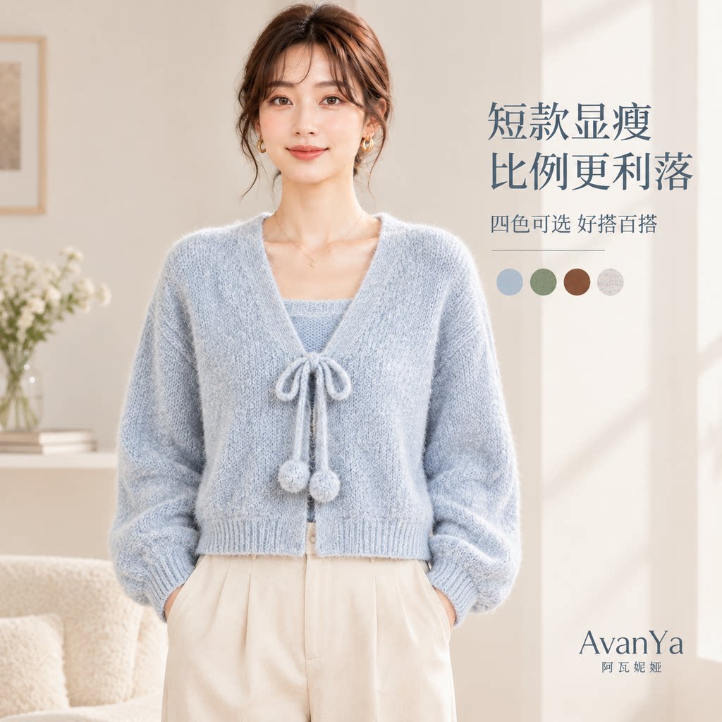 日系慵懒V领系带针织开衫女
