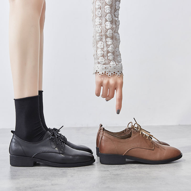 真皮圆头英伦小皮鞋女2023秋季新款系带深口软底单V鞋舒适中跟女