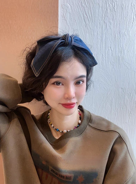 韩国饰品韩国森系文艺蓝色牛仔大蝴蝶结头饰发箍宽边舒适显脸小