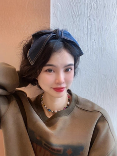 韩国饰品韩国森系文艺蓝色牛仔大蝴蝶结头饰发箍宽边舒适显脸小