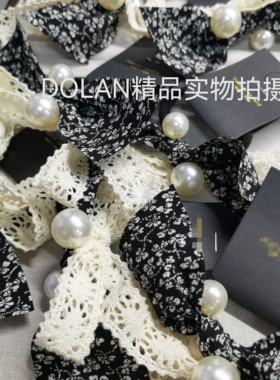 绝绝子~韩国高级感黑色碎花蝴蝶结珍珠扎马尾绑头发皮套皮筋头饰