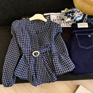 日本GK美德拉甜美风洋气V领长袖格子衬衫时尚通勤风系带收腰上衣