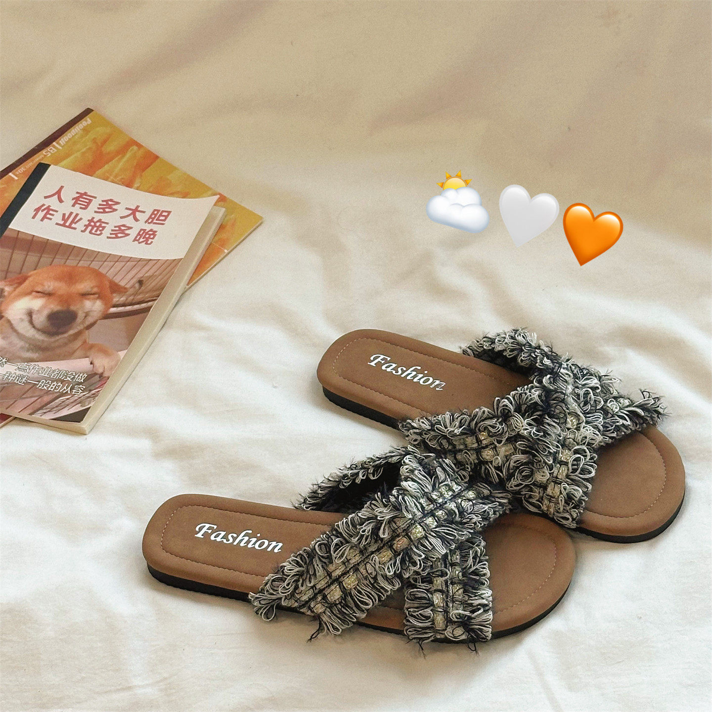 日本代购小香风流苏交叉一字拖女士夏季外穿配裙子平底沙滩凉拖鞋,女鞋,一字拖,淘宝优惠券,粉丝福利购,淘宝优惠卷